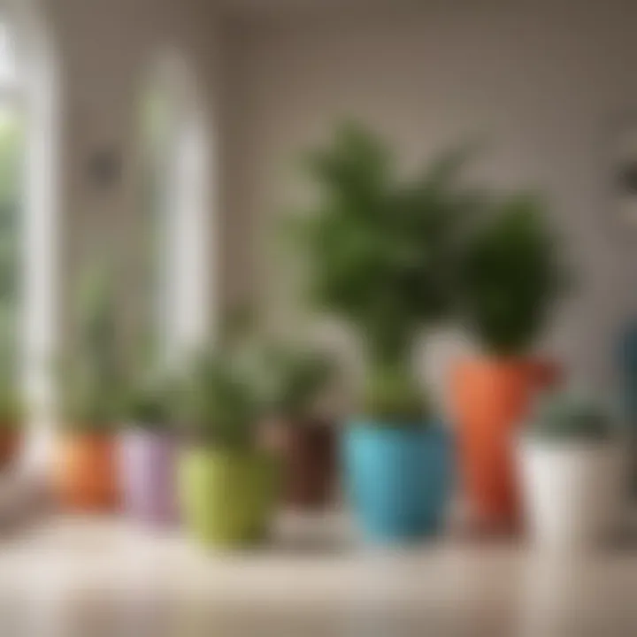 A collection of large plastic planter pots in various colors and styles