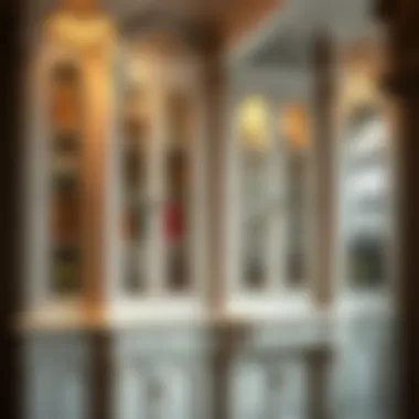 Detailed craftsmanship of an antique white bookcase highlighting intricate woodwork and glass panels