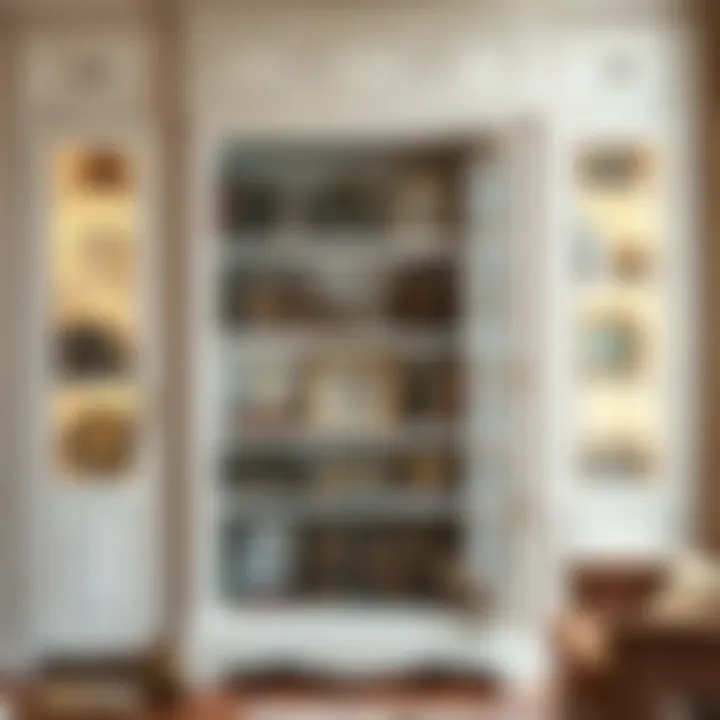 Elegant antique white bookcase with glass doors showcasing a collection of vintage books and decor