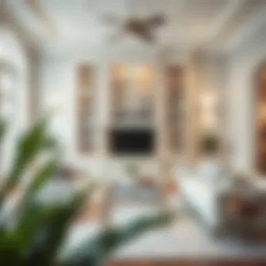 Stylish living room featuring an antique white bookcase with glass doors as a focal point