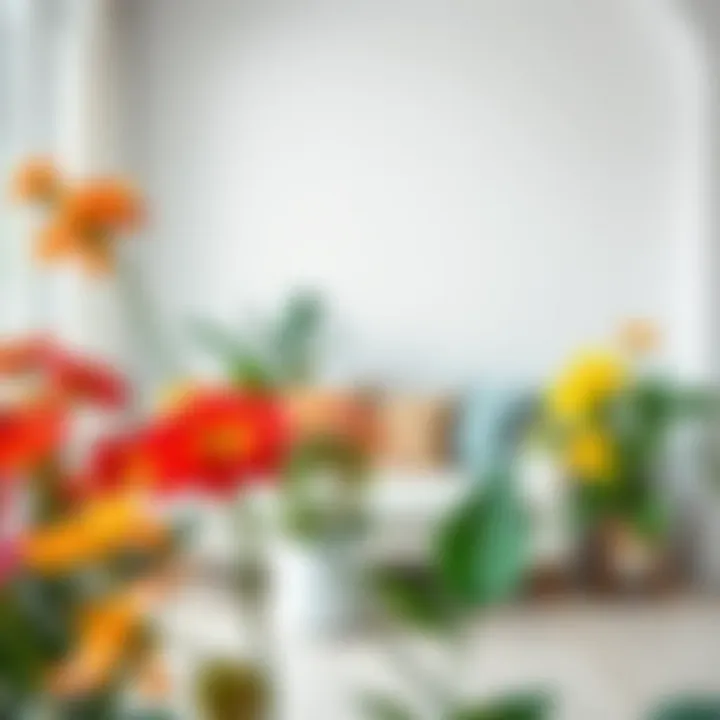 Vibrant display of artificial flowers adding color to a minimalist room