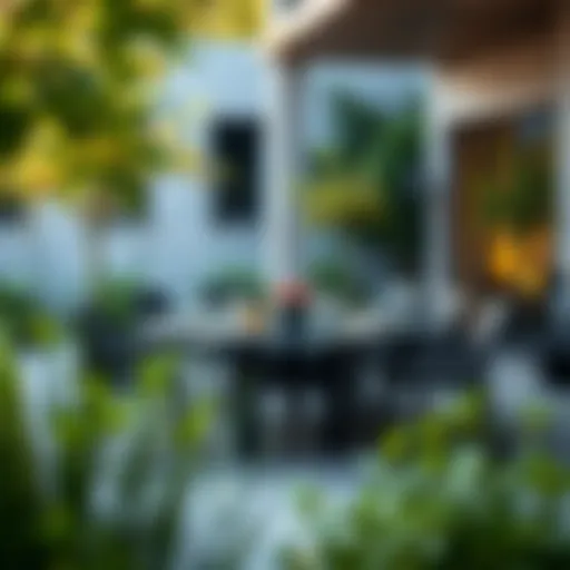 Elegant black outdoor dining set with lush greenery