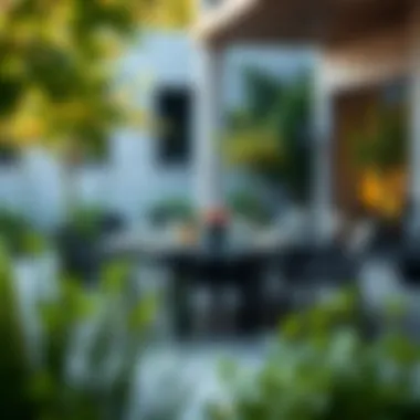 Sophisticated Outdoor Dining Experience Elegant black outdoor dining set with lush greenery