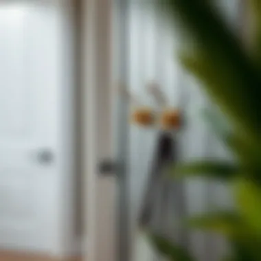Brass hooks in a stylishly organized entryway.