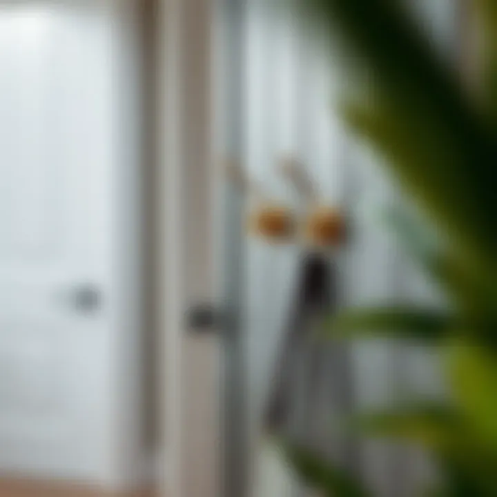 Brass hooks in a stylishly organized entryway.