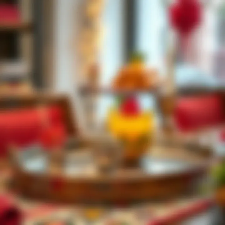 Stylish Metal Tray for Gatherings Stylish metal tray with vibrant patterns at a festive gathering