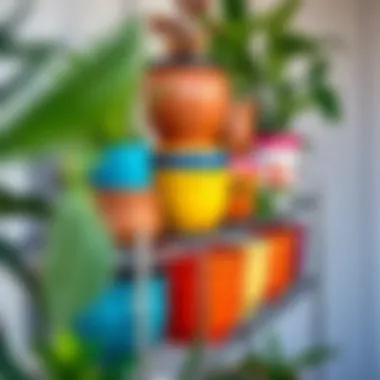 Vibrant Pot Arrangement Colorful ceramic pots arranged on a sleek metal rack