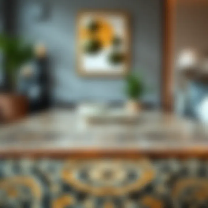 Intricate Design Patterns of Square Boho Coffee Table Close-up view of the intricate design patterns on a square boho coffee table.