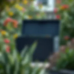 Sleek modern outdoor storage box set in a vibrant garden