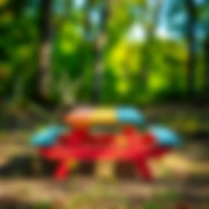 Colorful picnic table surrounded by nature