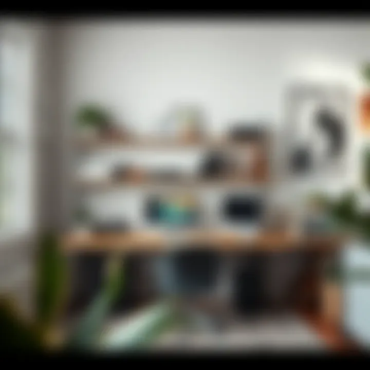 Home office featuring stylish wire shelving