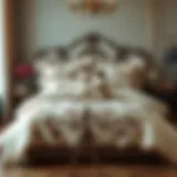 Elegant arrangement of a 5 piece bedding set showcasing intricate designs