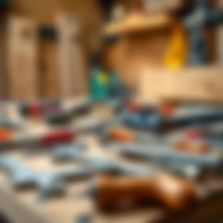 Essential Tools for Cabinet Construction Tools laid out for cabinet construction, demonstrating essential equipment.