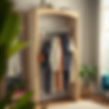 Stylish Organization with Garment Rack An elegant garment rack adorned with various clothing items, showcasing stylish organization.