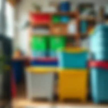 Colorful small plastic storage boxes with hinged lids used in an organized home office space