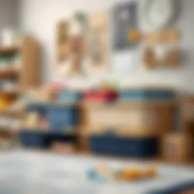 Functional small plastic storage boxes with hinged lids utilized in a child's playroom