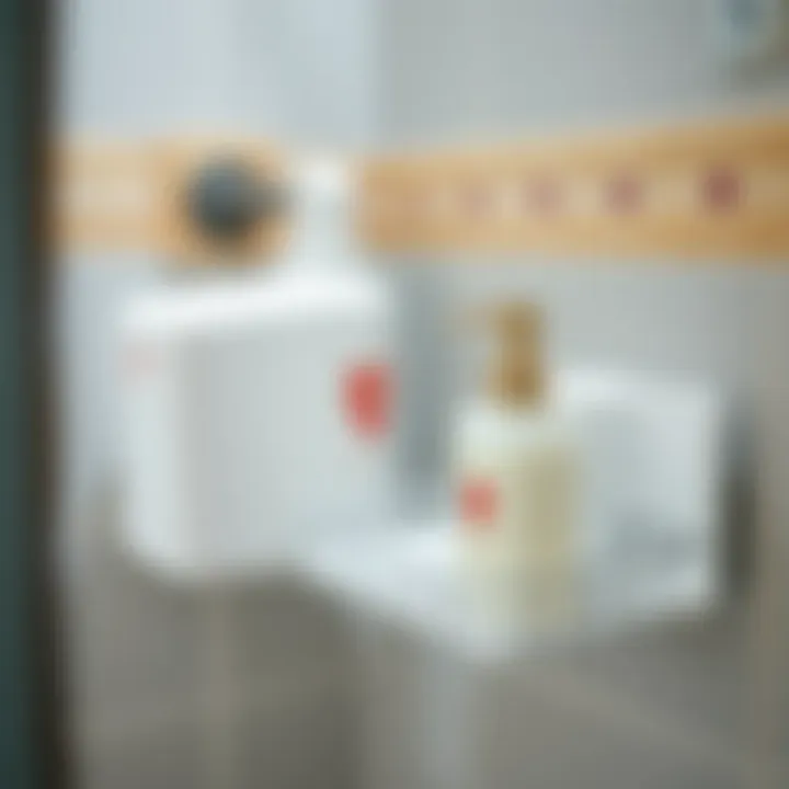 Close-up of dispenser shower caddy made from durable materials.