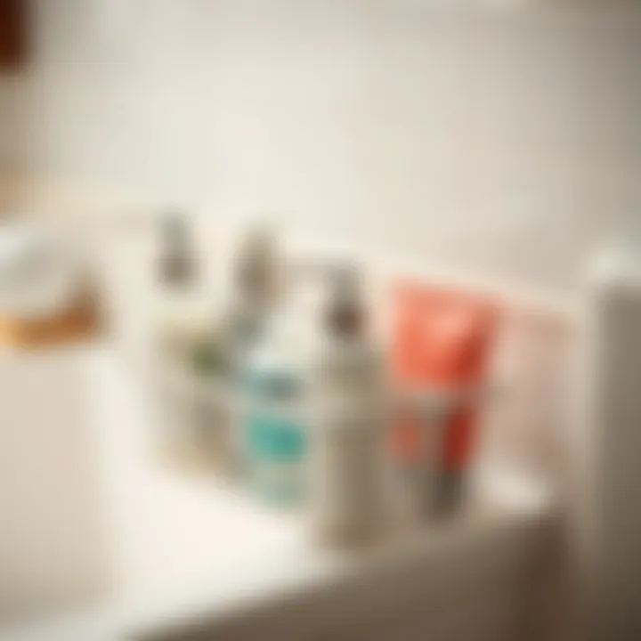 Stylish dispenser shower caddy organized with bath essentials.