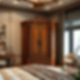 Elegant corner armoire with intricate woodwork in a modern bedroom setting