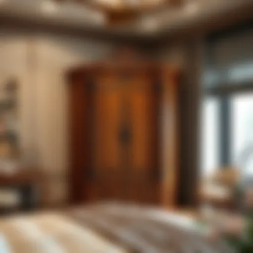 Elegant corner armoire with intricate woodwork in a modern bedroom setting