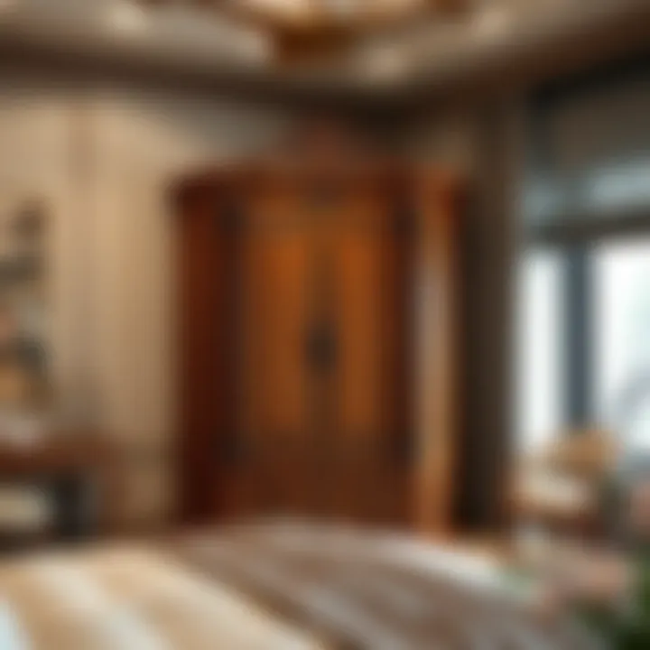 Elegant corner armoire with intricate woodwork in a modern bedroom setting