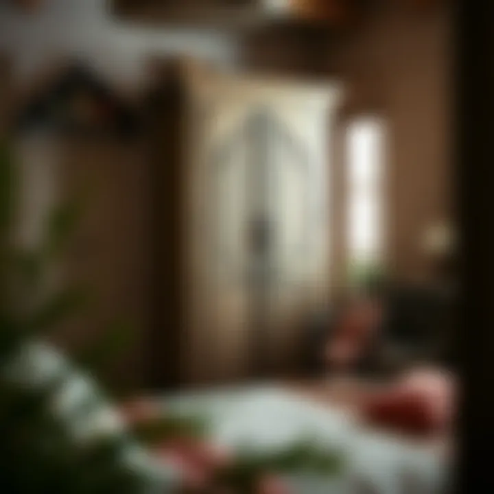 Rustic corner armoire beautifully integrated into a vintage bedroom decor