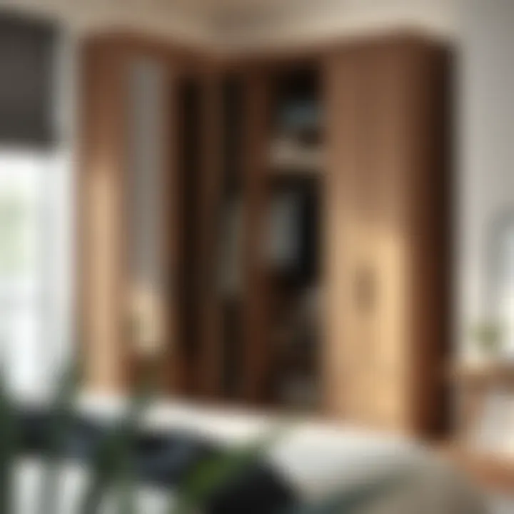 Stylish wardrobe maximizing corner space in a cozy bedroom