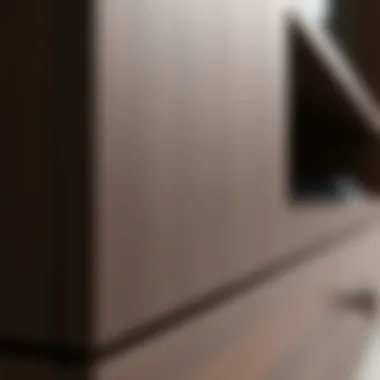 Close-up of the finish on a dark wood TV stand.