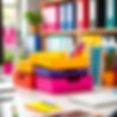 Colorful inbox trays arranged on a vibrant workspace