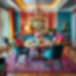 A beautifully arranged eclectic dining room showcasing diverse furniture styles and vibrant colors