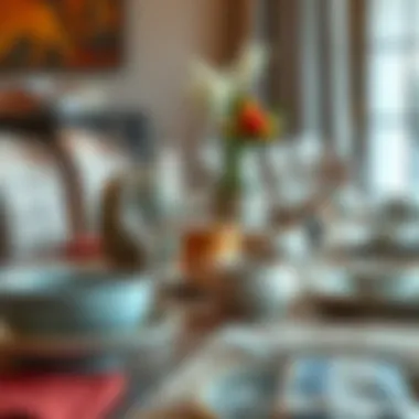 Close-up of textured table settings featuring unique dishware and decorative elements