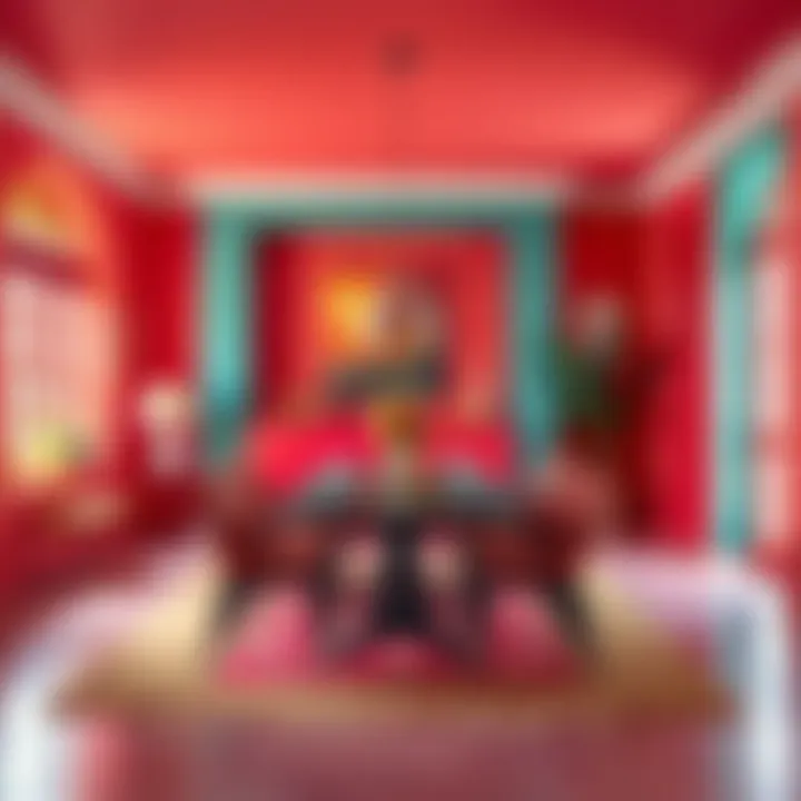 A vibrant dining area highlighted by bold color choices and artistic decor pieces