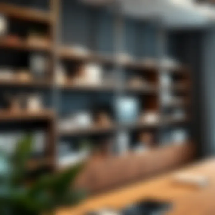 Stylish shelving units displaying office supplies