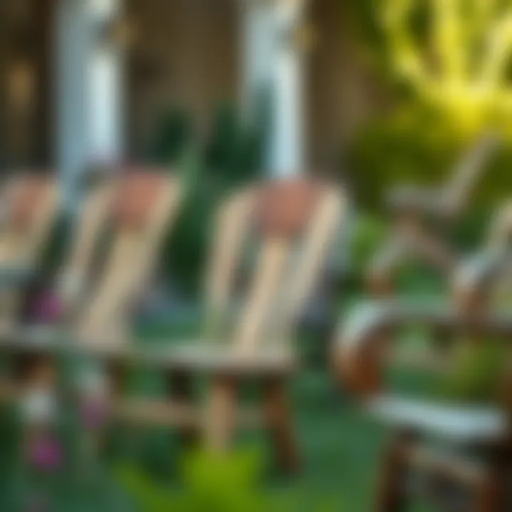 A collection of rustic wooden outdoor chairs in a garden