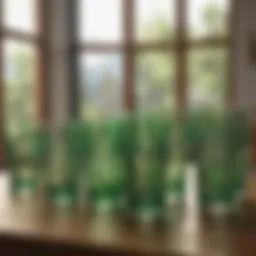 Elegant collection of green glass drinking glasses arranged on a wooden table.