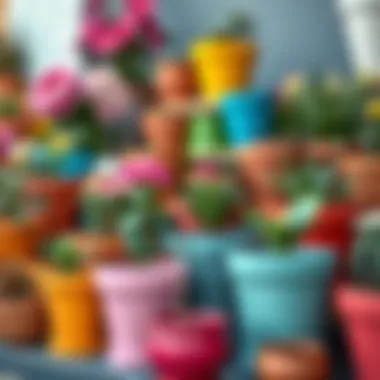 Variety of colorful flower pots arranged beautifully