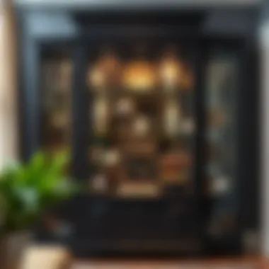 Interior view of a black curio cabinet with displayed collectibles