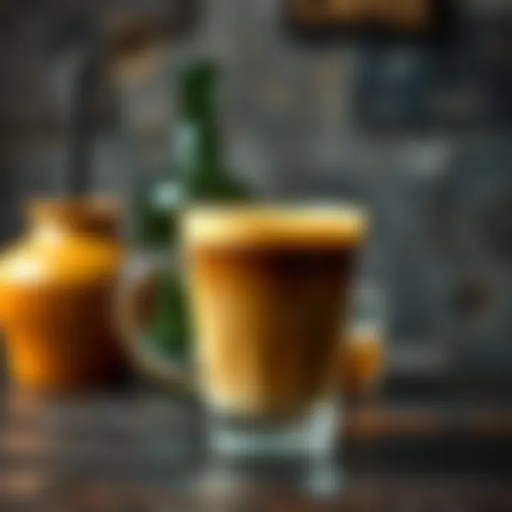 A clear coffee mug filled with a steaming beverage against a rustic backdrop