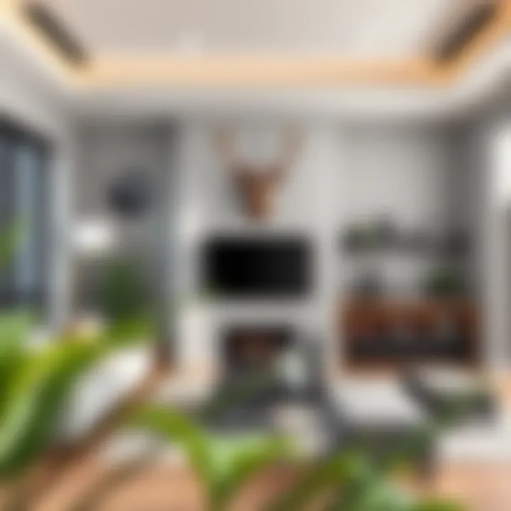 A stylish modern living room featuring a deer head decoration above the fireplace