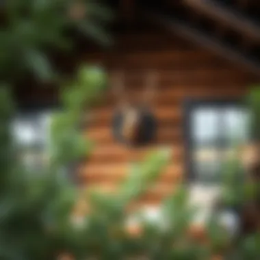A rustic outdoor cabin adorned with a deer head wall decoration