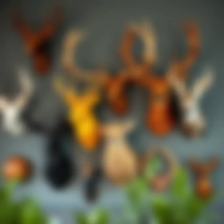 An array of unique materials used in deer head wall decorations displayed artistically