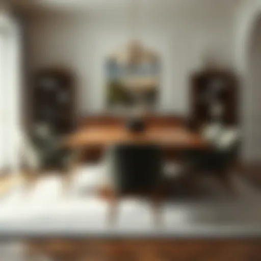 Elegant dining setup featuring a wooden table and stylish chairs