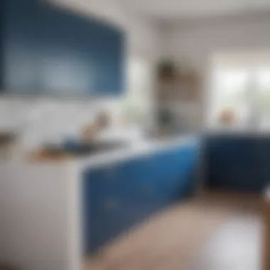 Contemporary kitchen showcasing white cabinets with bold blue drawers