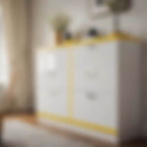 Elegant white cabinet featuring bright yellow drawers