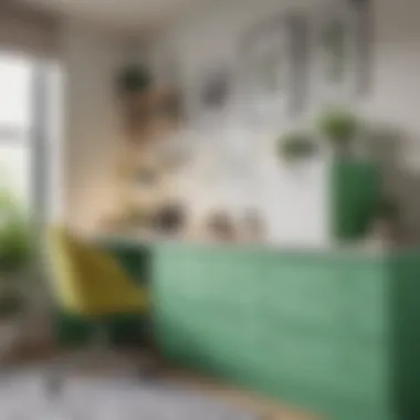 Functional Workspace with Cheerful Green Drawers Functional workspace with white cabinets and cheerful green drawers