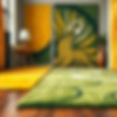 Diverse styles of green-yellow rugs displayed