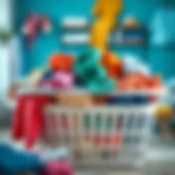 A spacious extra large plastic laundry basket filled with colorful clothing.