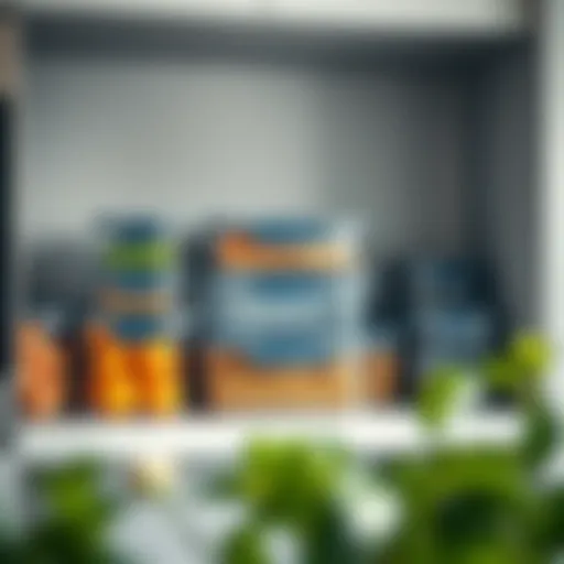 Contemporary flip tight storage containers arranged on a modern kitchen shelf.