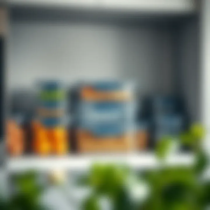 Contemporary flip tight storage containers arranged on a modern kitchen shelf.