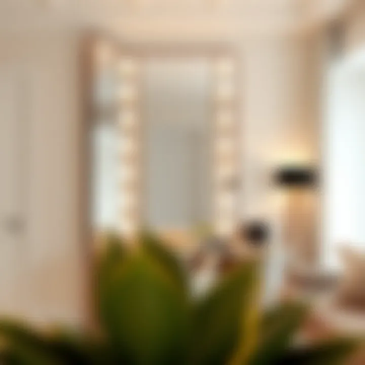 Stylish dressing area showcasing a tall full-size mirror